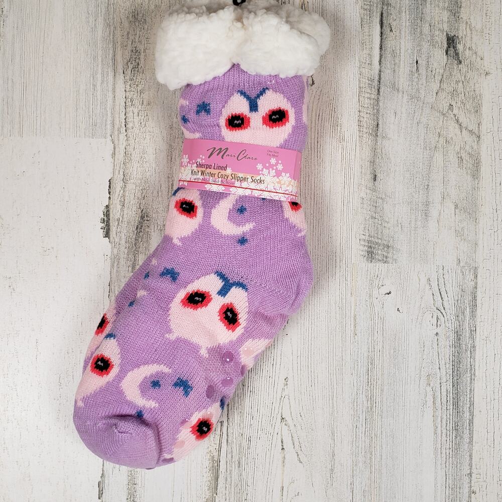 NWT Mari Clare Sherpa Lined Knit Winter Owl Moon Star No-Slip Slipper Socks